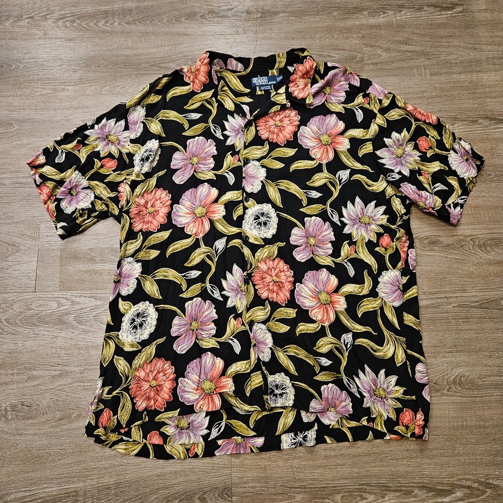 Vintage Polo Ralph Lauren Clayton Shirt Mens XXL Black Floral Rayon Hawaiian